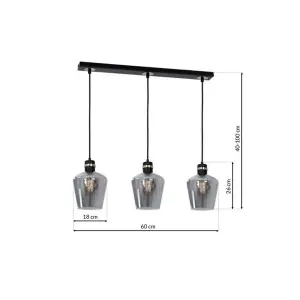 Milagro Richmond Black/Gold Pendant Lamp 3XE27 Stunning Hand Made Smoked Glass Quality Matt Black Fittings With Gold Detail