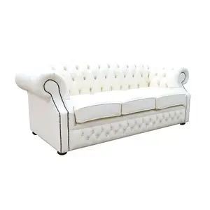 Chesterfield 3 Seater Sofa Shelly Cottonseed Cream Leather In Buckingham Style