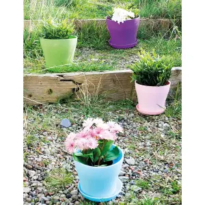 Pink Plastic Plant Pot - Weatherproof Colourful Home or Garden Planter with Drainage Holes & Saucer - H10.5 x 9cm Diameter