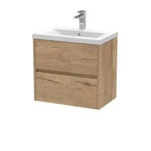 Edge Square Wall Hung 2 Drawer Vanity Unit & Ceramic Basin, 600mm - Woodgrain Autumn Oak - Balterley