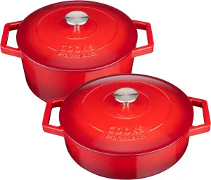 Cast Iron Casserole Set of 2 26cm & 28cm / 4.3L & 5.8L Dishes Oven Proof Enamelled Cast Iron Pans with Lids