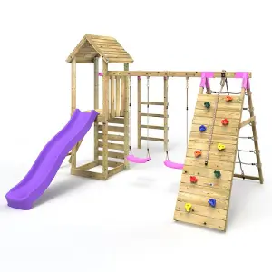 Rebo Wooden Climbing Frame with Swings, Slide, Up & over Climbing wall and Monkey Bars - Dolomite Pink