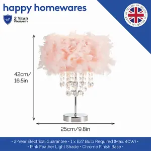 Modern Chandelier Style Pink Feather Table Lamp with Waterfall Acrylic Droplets