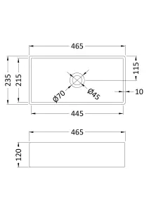 Rectangular 1 Tap Hole Ceramic Countertop Vessel without Overflow - 465mm