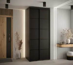 Sleek Black Cannes IV Sliding Wardrobe H2050mm W1100mm D600mm with Custom Black Steel Handles and Decorative Strips