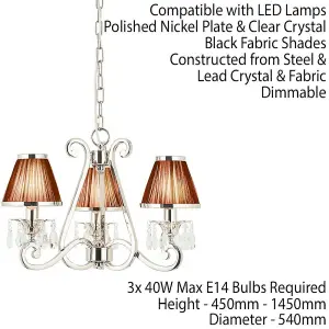 Esher Ceiling Pendant Chandelier Nickel Crystal & Black Shades 3 Lamp Light