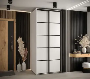 Pure White Cannes IV Sliding Wardrobe H2050mm W1100mm D600mm with Custom Black Steel Handles and Decorative Strips