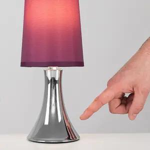 ValueLights Pair of - Small Chrome Touch Table Lamps with Purple Fabric Shades With 5w LED Dimmable Candle Bulbs In Warm White