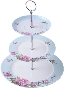 London Boutique 3 Tiered Cake Stands Afternoon tea Porcelain Bird Rose Butterfly in gift box (Blue)