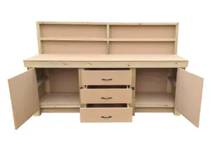 Wooden work bench with drawers and double lockable cupboard (V.8)  (H-90cm, D-70cm, L-240cm) with back panel