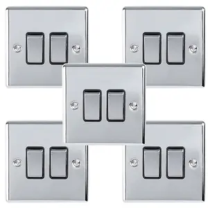 5 PACK 2 Gang Double Metal Light Switch POLISHED CHROME 2 Way 10A Black Trim