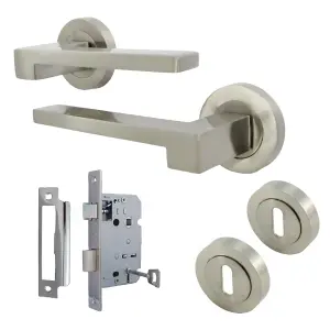 UNO-3 Door Handle Lock Key Set Modern Satin Nickel Lever on Rose Internal Escutcheon