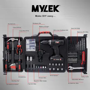 MYLEK 18V Cordless Li-ion Drill And 130 Piece DIY  Home Kit With Carry Case