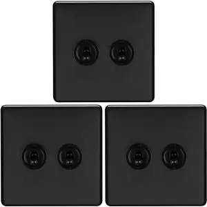 3 PACK 2 Gang Double Retro Toggle Light Switch SCREWLESS MATT BLACK 10A 2 Way