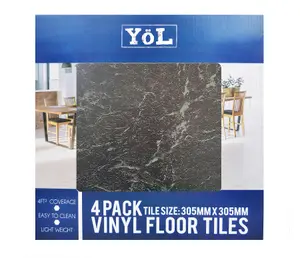 Floor tiles self adhesive vinyl flooring kitchen bathroom black marble effect pack of 4 tiles (0.37sqm)