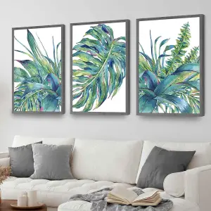 Set of 3 Watercolour Green Blue Tropical Leaves Wall Art Prints / 42x59cm (A2) / White Frame