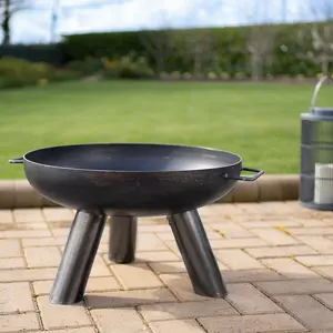 Caldera Fire Pit Bowl - Weatherproof Metal Outdoor Garden Log Wood Burner with Brushed Oil Finish & Handles - H30 x 50cm Diameter