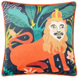 Kate Merritt Lion Illustrated Velvet Piped Polyester Filled Cushion