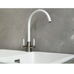 Liquida LB01WH Swan Neck Twin Lever Brushed Steel and White Kitchen Tap