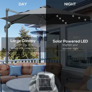 Outsunny 3(m) Cantilever Roma Parasol Patio Sun Umbrella with Crank & Tilt LED Solar Light Cross Base Outdoor, Dark Grey