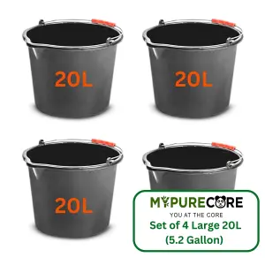 Set of 4 20L Gallon Black Plastic Bucket with Handles -Sturdy Water Bucket Big Bucket with Measuring - Ideal for Home and Garden