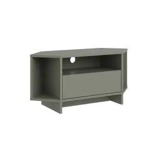 Decortie Modern Viva Corner TV Unit Shelf up to 40 Inch TVs Push to Open Storage Cabinet, 3 Open Shelf 95.7(W)cm Ash Green