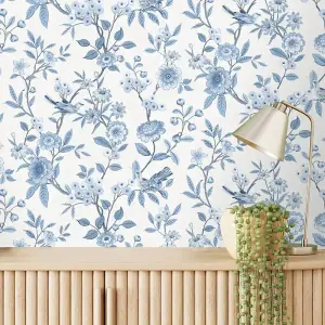 Fine Decor Eleanor Floral Birds Blue Wallpaper Flowers Botanical Feature Wall