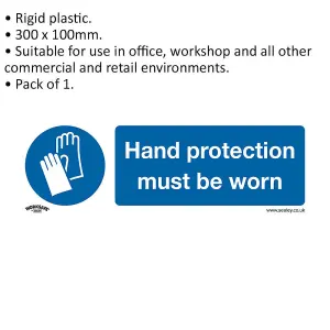 Mandatory Hand Protection Safety Sign - Rigid Plastic 300x100mm Warning Sign