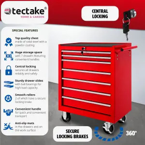 Tool Box - with wheels, 7 drawers, central locking system - red