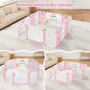 12+2 Panel Baby Foldable Playpen with Safety Gate 25 Sq.ft - Pink White