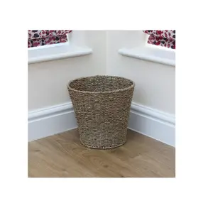 Seagrass Waste Paper Bin Basket Natural Round Woven Seagrass Weave 28cm x 25cm