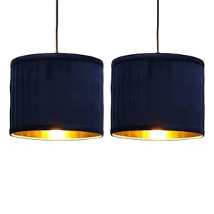 First Choice Lighting Set of 2 Sundance Navy Blue Velvet Pleated 25cm Lamp Shades with Gold Inner