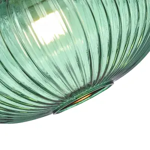 Modern Designer Emerald Forest Green Line Ribbed Glass Oval Pendant Lamp Shade