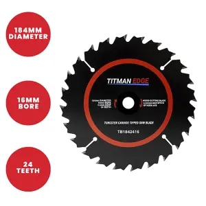 Titman Edge TCT Medium Finish Circular Saw Blade 184mm x 16mm x 24 Tooth - TB1842416