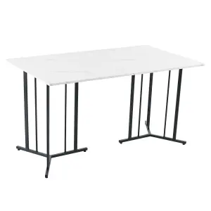 Metal Frame Rectangular Dining Table in Modern Marble Pattern Kitchen Table with Adjustable Feet, White/Black