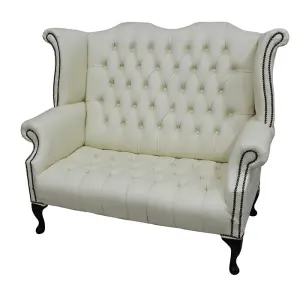 Chesterfield 2 Seater High Back Sofa Shelly Cream Leather Bespoke In Queen Anne Style