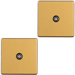 2 PACK 1 Gang Single TV Coaxial Aerial Socket SCREWLESS SATIN BRASS Wall Plate