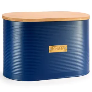 EHC Space Saving Extra Large Bread Box Bin With Wooden Lid, For Kitchen Countertop Bread Storage, Navy Blue,  8 L