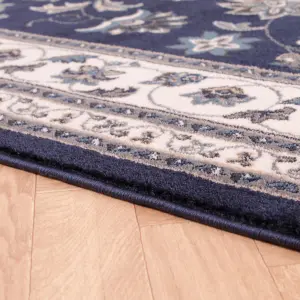 Navy Traditional Bordered Floral Easy to clean Rug for Dining Room Bed Room and Living Room-120cm X 170cm