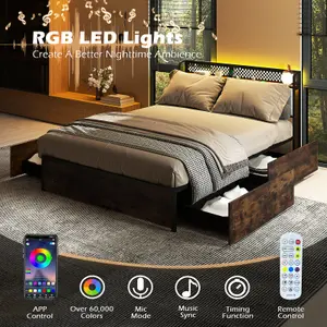 COSTWAY Double Size Metal Bed Frame with LED Lights & 4 Storage Drawers