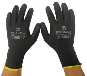 Way4Now - Black Safety Gloves PU Palm Coated - Polyester Liner x 10 Pairs Pack - X LARGE