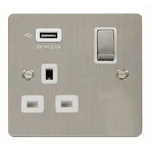 Flat Plate Stainless Steel 1 Gang 13A DP Ingot 1 USB Switched Plug Socket - White Trim - SE Home