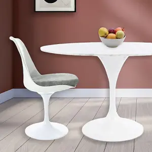 Tulip Set - Marble Large Circular Table and Six Chairs with Luxurious Cushion Grey