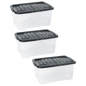 1 x 30 Litre Clear Transparent Base Stackable Curve Underbed Plastic Storage Box With Black Lid