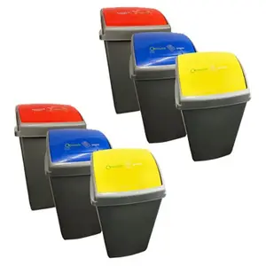 Set Of 3 (Yellow, Red & Blue) Large Grey 50L Commercial Waste Utility Recycling Bins With Colour Coded Swing Lids