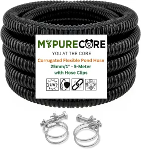 Corrugated Flexible Hose Pond Pipe 25mm  1- 5-Meter with Advanced Double-Wired Hose Clip Corrugated Water Butt Connector Pipe