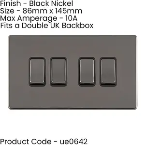 4 Gang Quad Light Switch SCREWLESS BLACK NICKEL 2 Way 10A Metal Rocker Slim