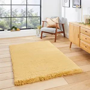 Mustard Shaggy Modern Easy to Clean Plain Rug For Dining Room Bedroom Living Room-60cm X 120cm