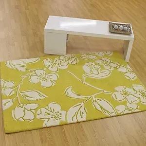 Yellow Easy to Clean Floral Handmade Modern Wool Rug for Living Room, Bedroom - 160cm X 230cm