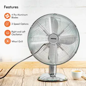 Geepas 12inch Chrome Metal Desk Fan Electric Fan 3 Speed Oscillating Table Fan